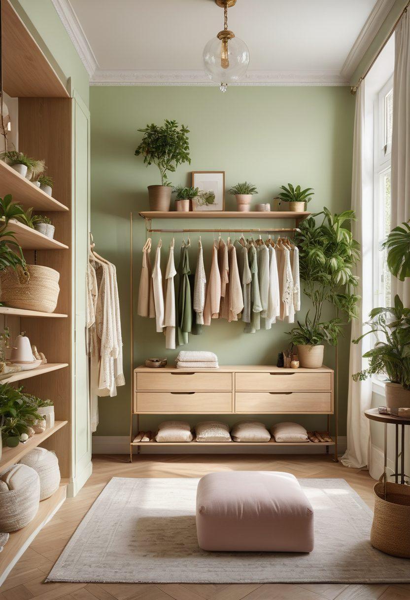 An elegantly organized closet featuring a mix of cute and charming clothing styles, with pastel colors and stylish accessories. Include open wooden shelves displaying neatly folded sweaters and hanging dresses with delicate patterns. Soft diffused lighting creates a warm atmosphere, highlighting a full-length mirror and a chic seating area. Add small decorative elements like plants and jewelry displays to enhance the elegance. super-realistic. soft colors. natural lighting.