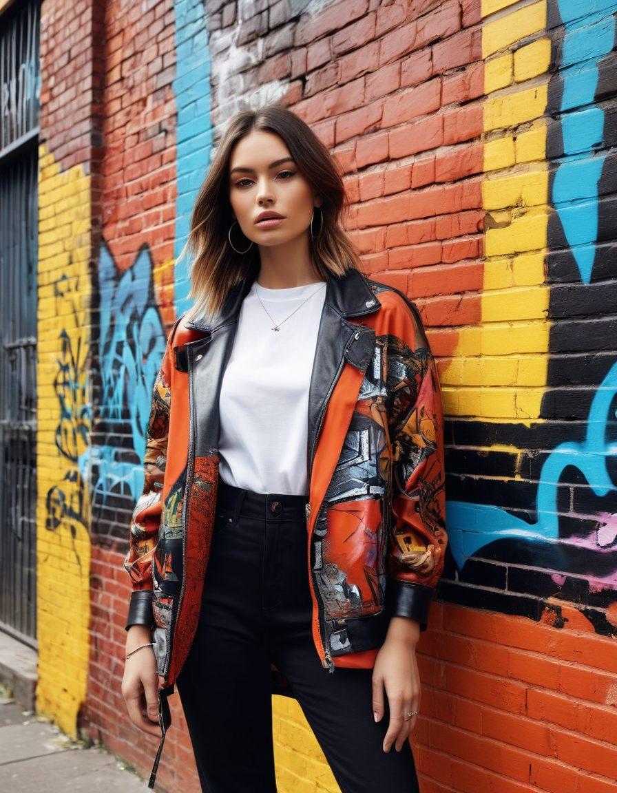 A stylish, modern woman standing confidently in an urban setting, showcasing a variety of edgy outfits with stunning accessories. She is surrounded by bold graffiti art on brick walls, vibrant streetwear elements, and a captivating mix of textures and patterns. The scene radiates energy and creativity, inviting viewers to explore chic fashion transformations. super-realistic. vibrant colors. urban background.